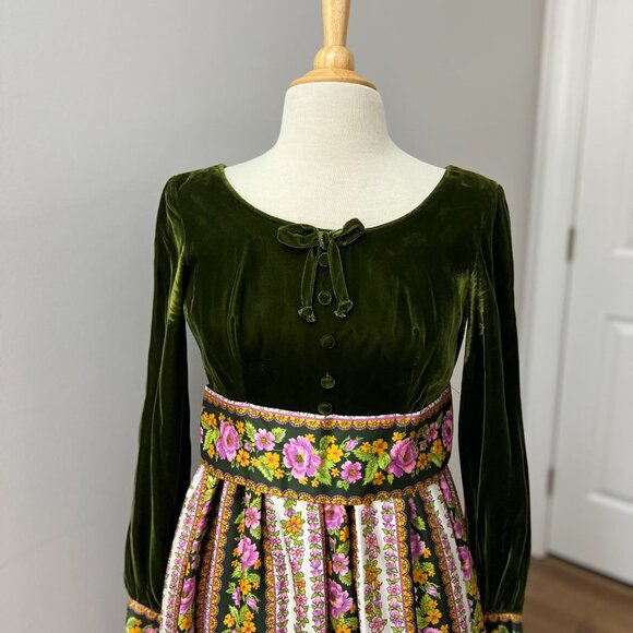 Vintage 70s Velvet Floral Cottage Prairie Peasant Maxi Dress Sz S - Picture 10 of 14